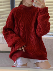 Loose and lazy knitted retro twist New Year and Christmas burgundy sweater for women