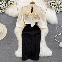 Bubble Short Sleeve Bowknot Tie Waist Slit Bodycon Dress ,