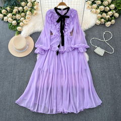 Vintage style long sleeve bow V-neck ruffled A-line chiffon dress