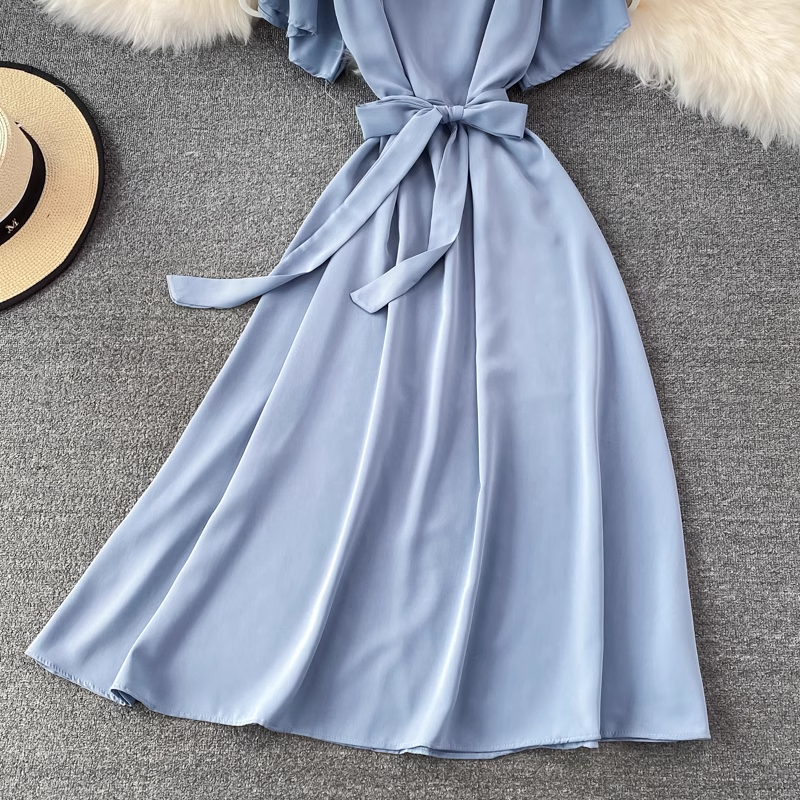 chic retro solid color ruffled mid-length square neck dress ,