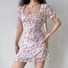 Retro Strawberry Floral Square Neck Short Sleeve Dress