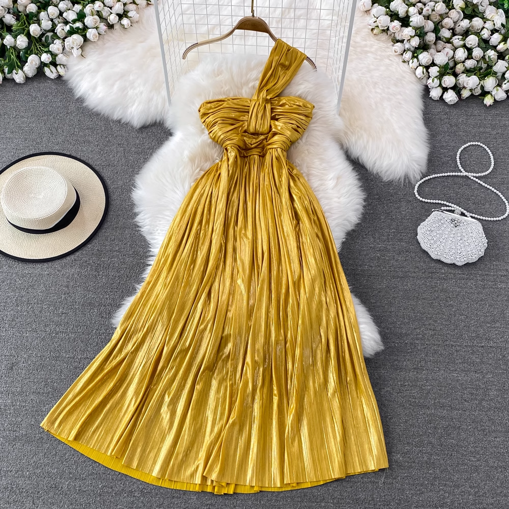 Metallic Halter Neck Bandeau Off-Shoulder Pleated Dress,