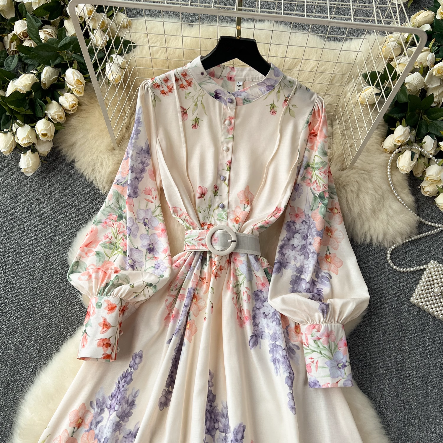 Retro elegant lantern long-sleeved waist printed dress