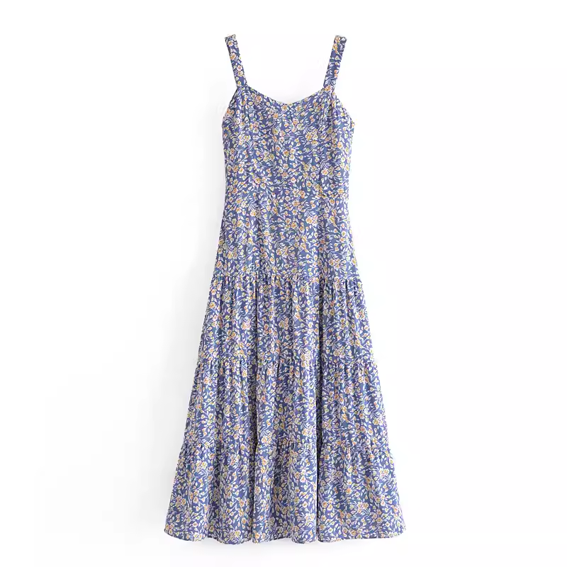 French retro blue floral dress