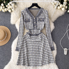 Women's high-end plaid knitted dress in autumn and winter