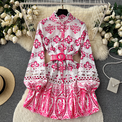 Stand collar printed dress women's retro court style lantern long-sleeved fairy dress