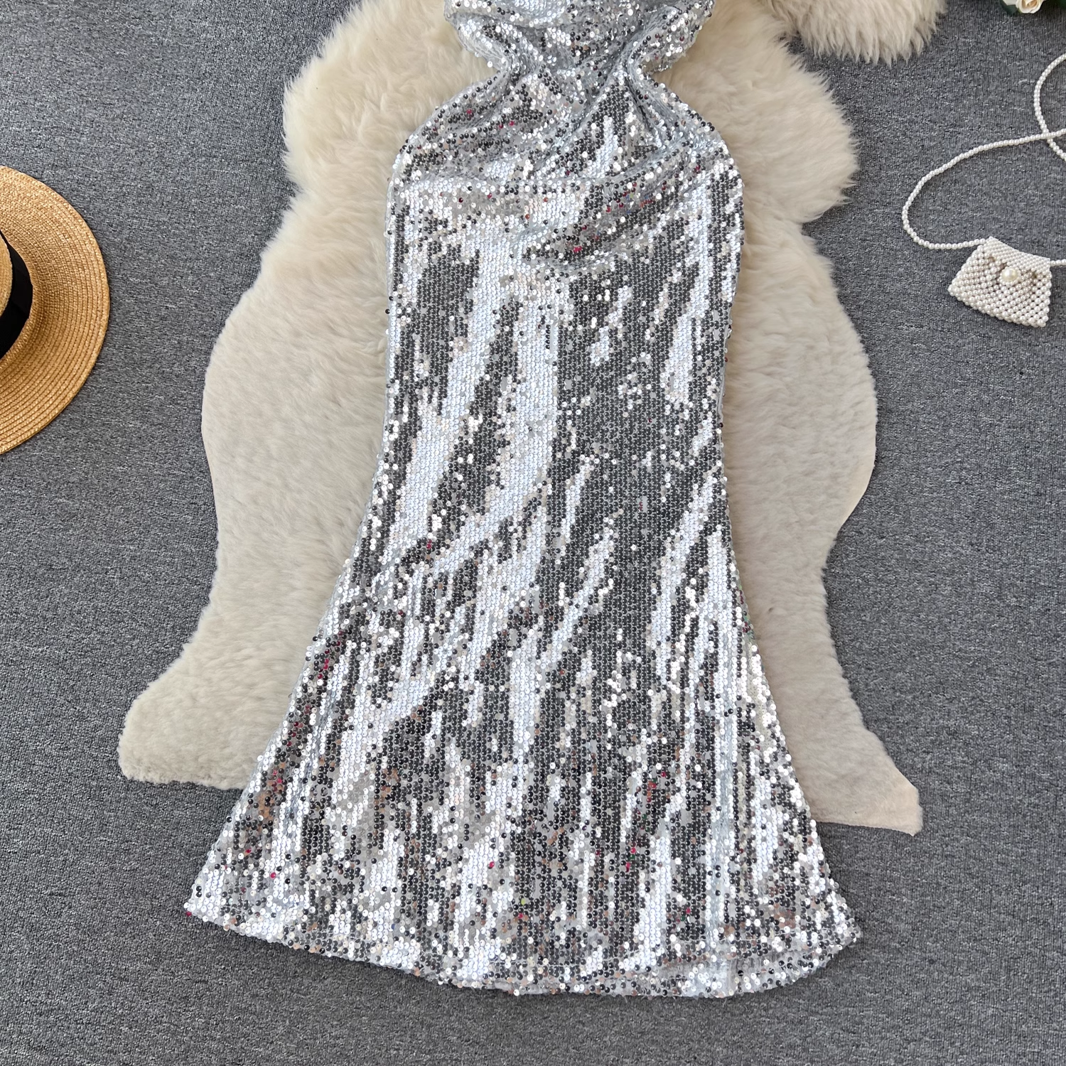 Halterneck open back sequined mermaid dress