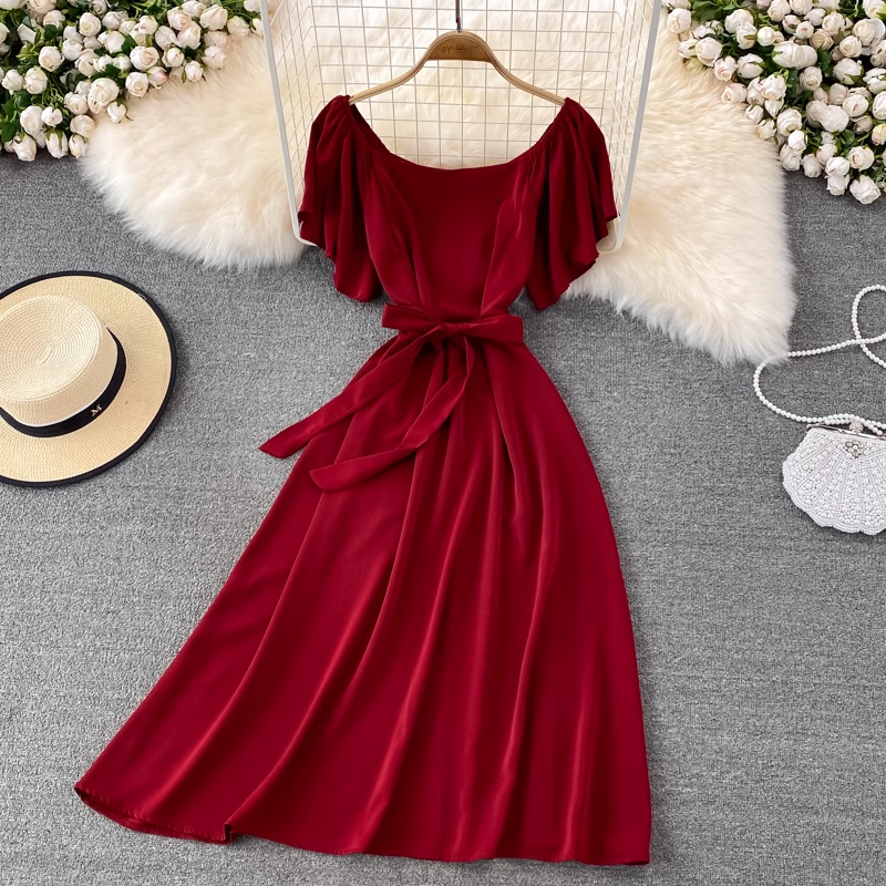 chic retro solid color ruffled mid-length square neck dress ,