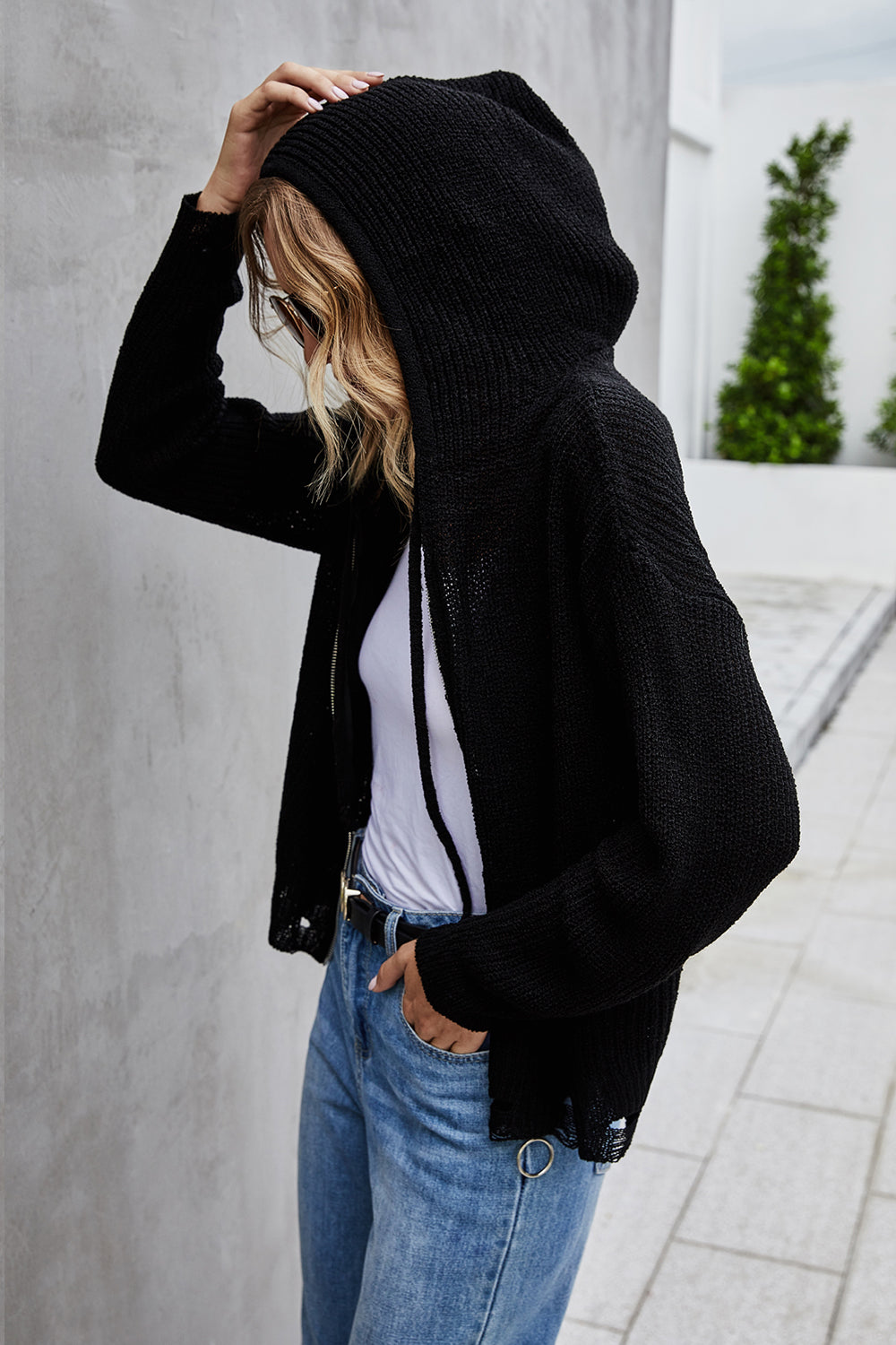 Knitted Open Front Hooded Sweater