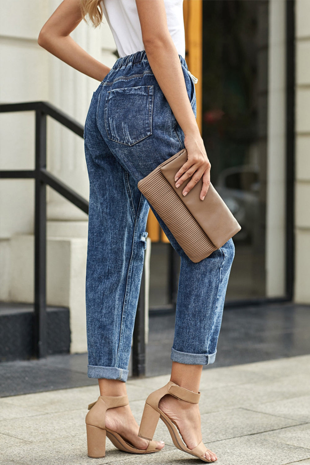 High-Waisted Tie Straight-Leg Ripped Jeans