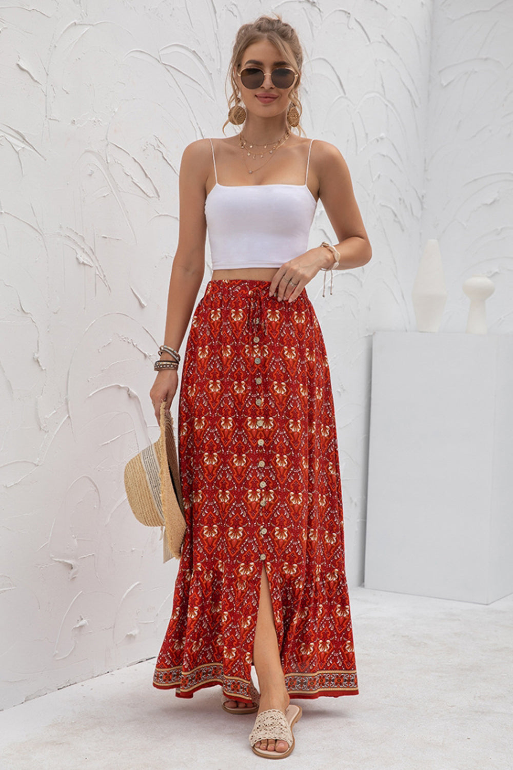 High-Waist Printed Button-Up Slit Skirt