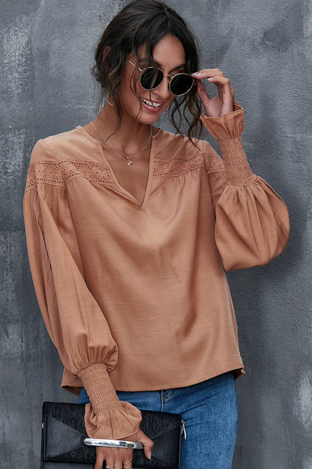 Lantern Sleeves V-neck Hollow Slit Blouse