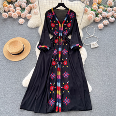 Embroidered V-neck drawstring waist dress for women retro ethnic style holiday dress