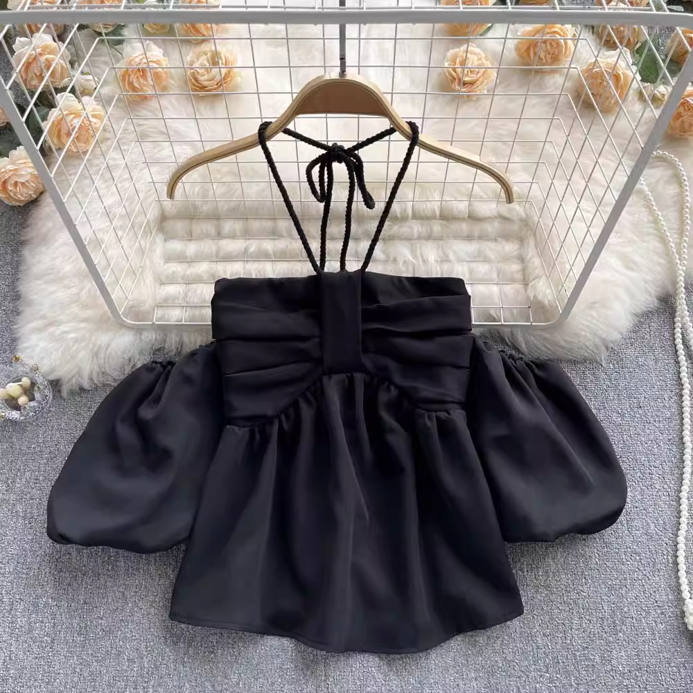 Halter Neck Bubble Short Sleeve Top,