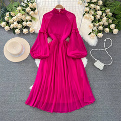 Lantern long sleeve stand collar waist a line pleated chiffon dress