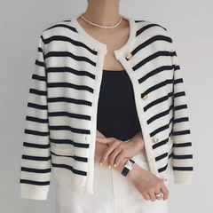 Autumn and winter retro black and white striped knitted cardigan jacket