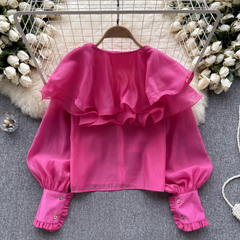 Women's autumn ruffled mesh shirt with lantern sleeves blouses