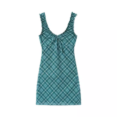 V-neck plaid dress women's summer