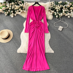 Deep V-neck low-cut long-sleeved pleated mid-length dress