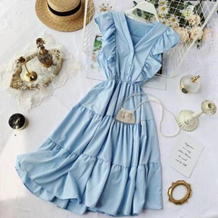 Vintage V-neck ruffled sleeveless Summer Dress,