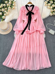 Vintage style long sleeve bow V-neck ruffled A-line chiffon dress