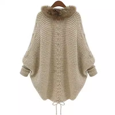 Knitted cardigan cape shawl bat sleeve fur collar coat for women