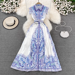 Retro palace style single-breasted lapel printed dress elegant a-line long skirt