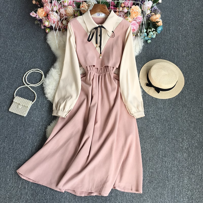 Fake two piece color block long sleeve dress