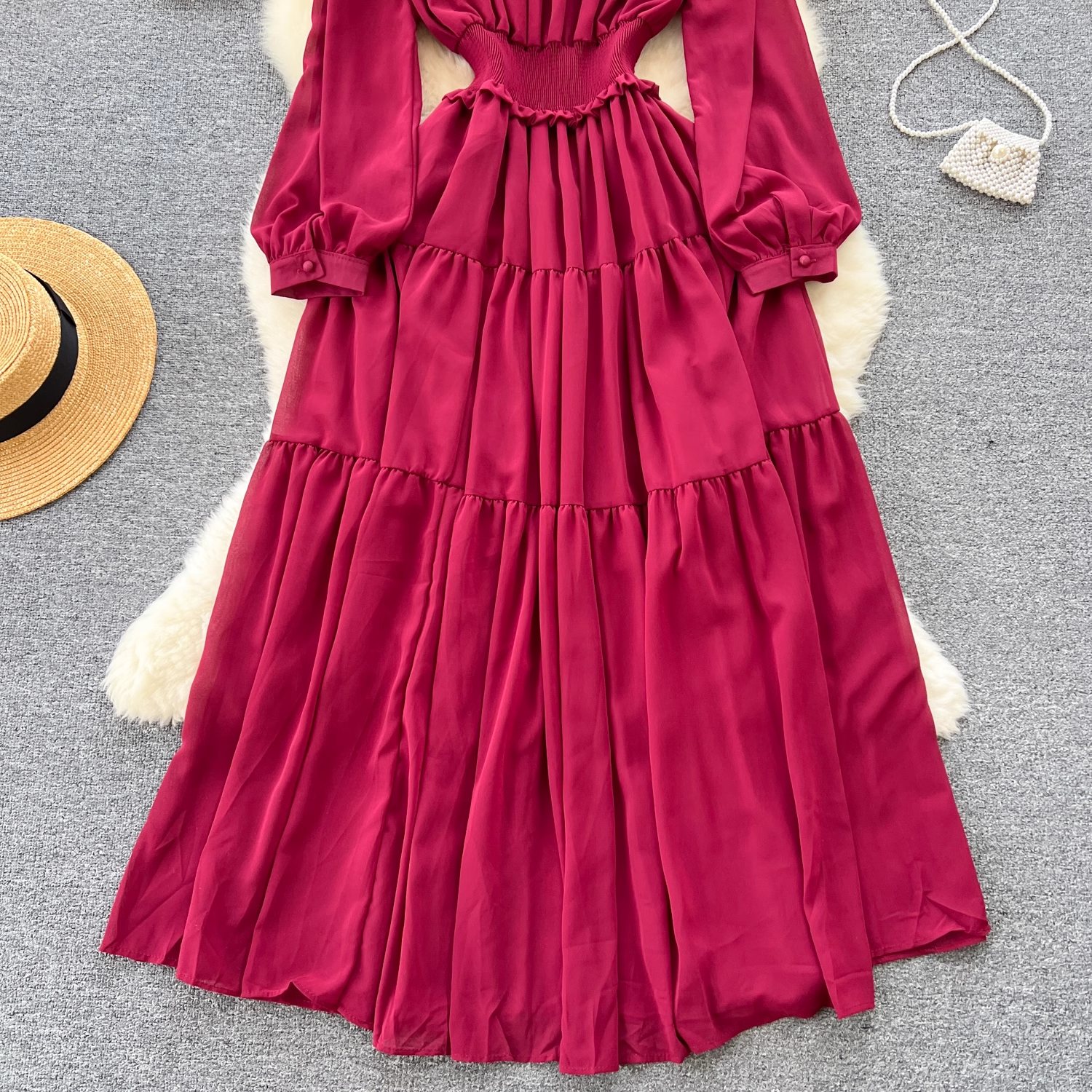 Elegant V-neck long-sleeved waist chiffon dress