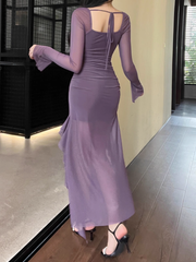 Fashion Purple Dress Mesh Ruffled Long Sleeves Dress