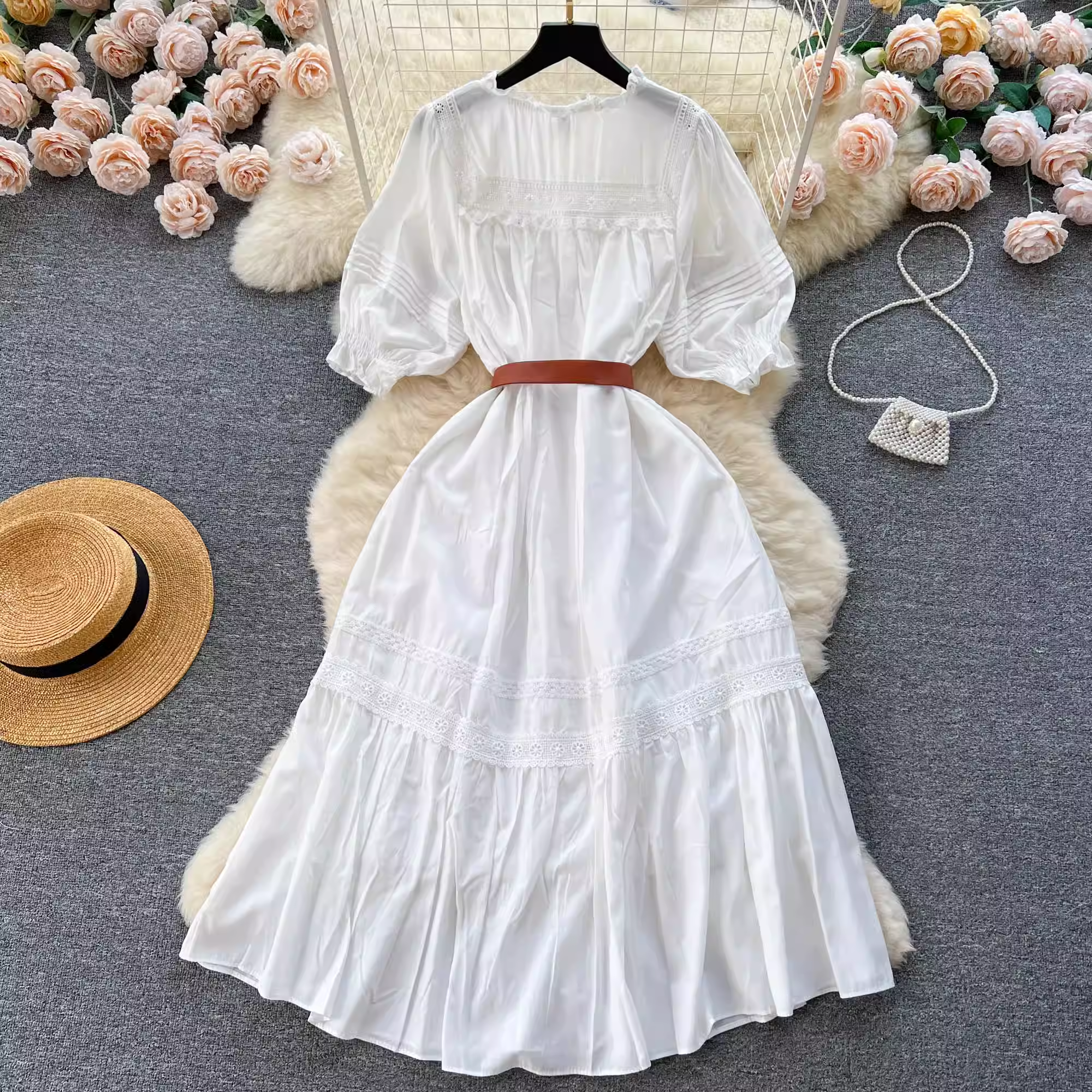 Puff sleeve hollow embroidery sweet summer dress for women,