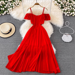 Red Chiffon Seaside Vacation Dress ,