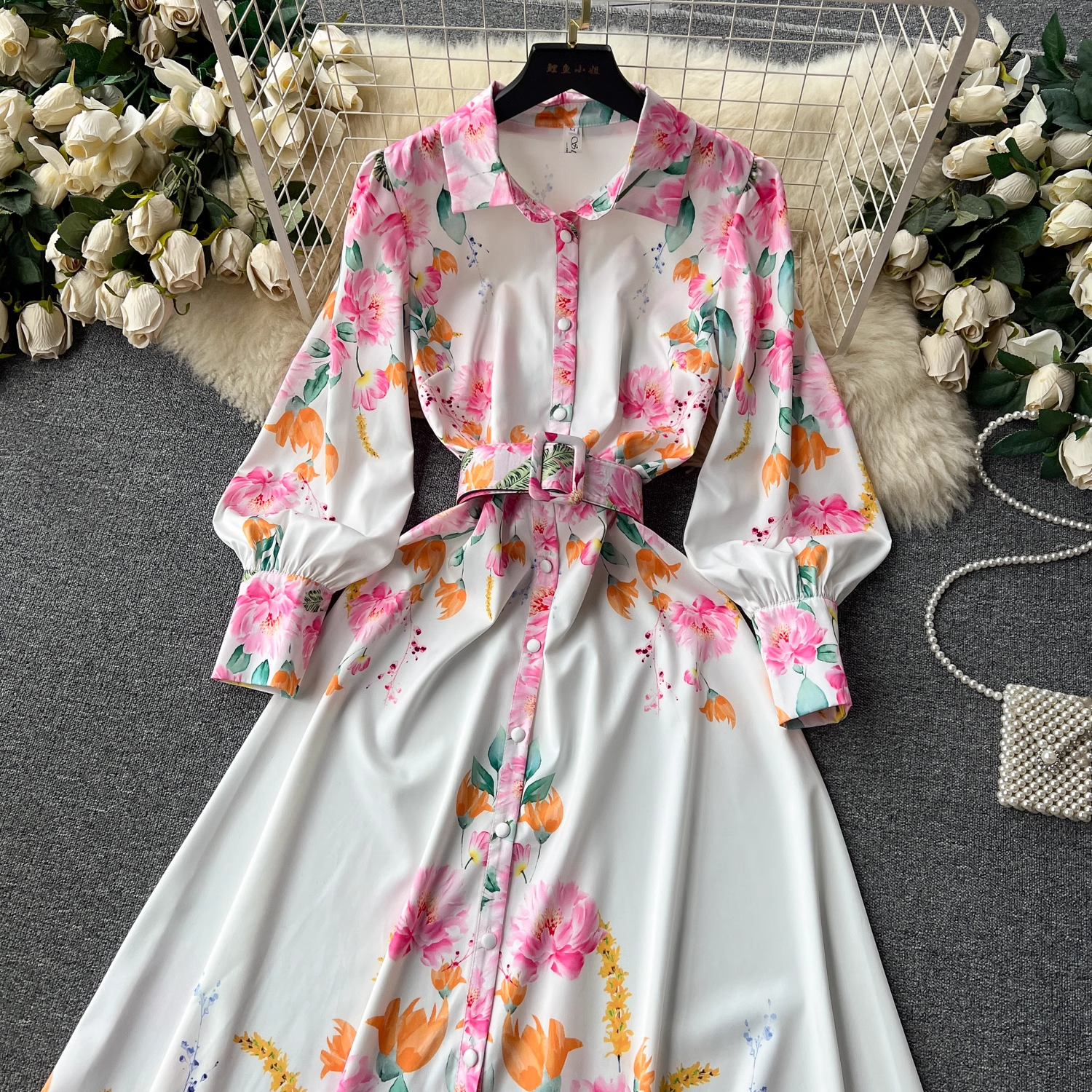 Lantern long-sleeved lapel single-breasted fashion print tie-waist elegant dress