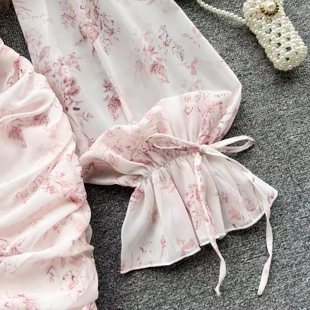 Pink Floral Fairy Dress Summer Chiffon V-neck Wrap Dress  ,