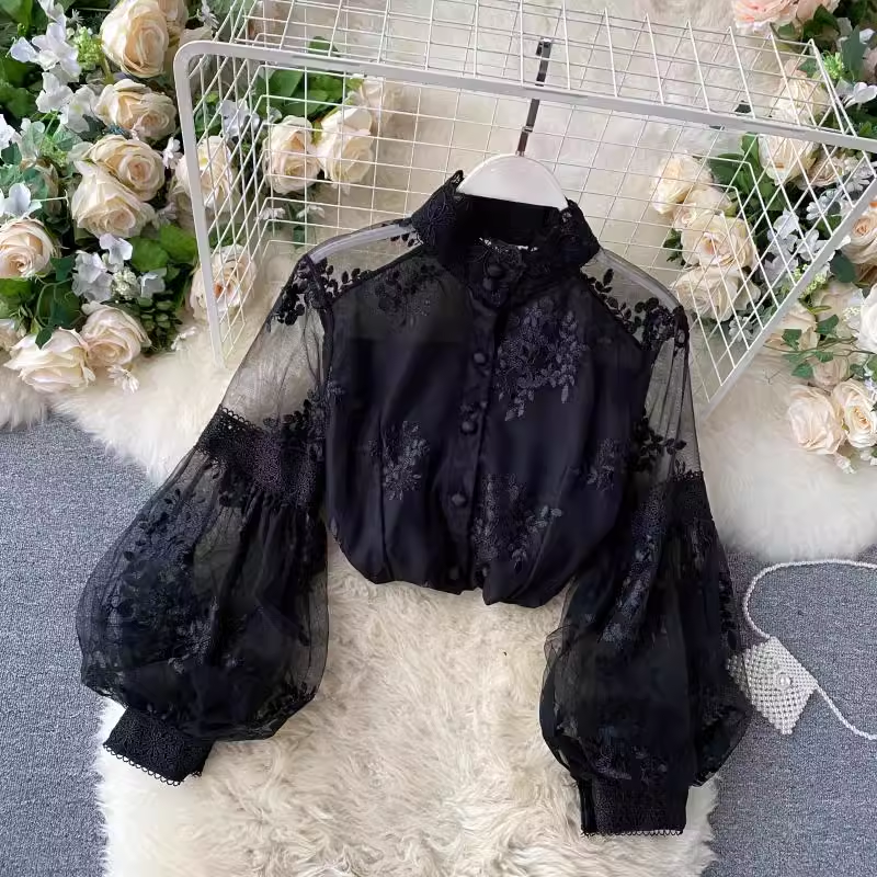 Mesh lace top women's stand-up collar three-dimensional embroidery puff sleeve court style Lace Blouses,