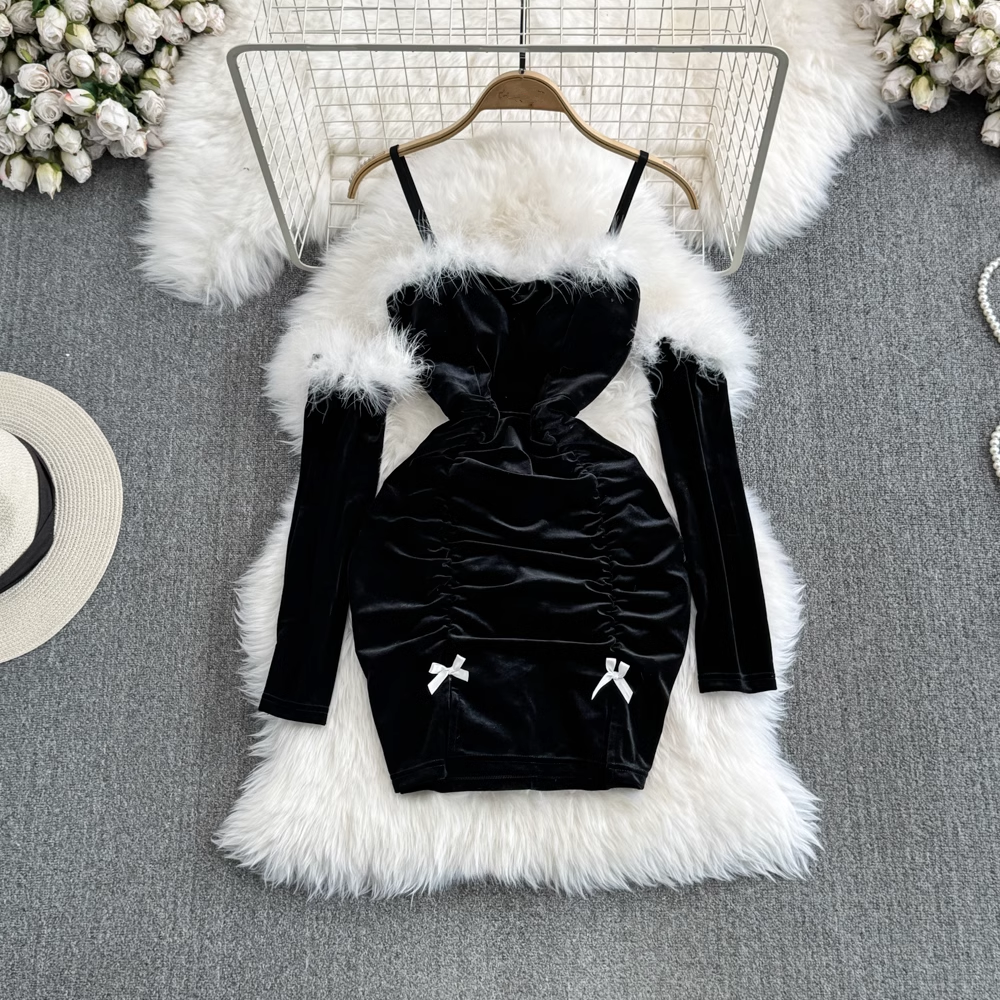 Fashionable Christmas Sexy Furry Patchwork Bodycon Dress with Sleeves