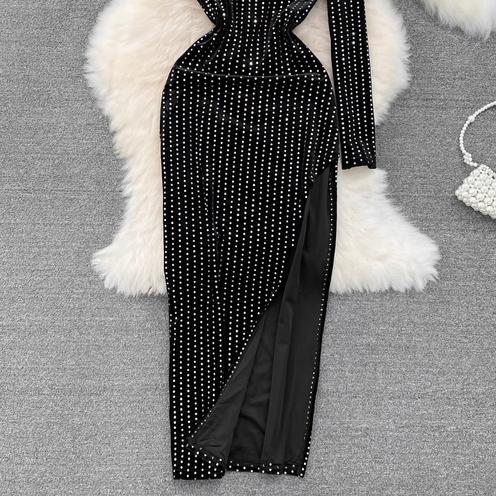 Fashionable and sexy oblique shoulder diamond high slit dress