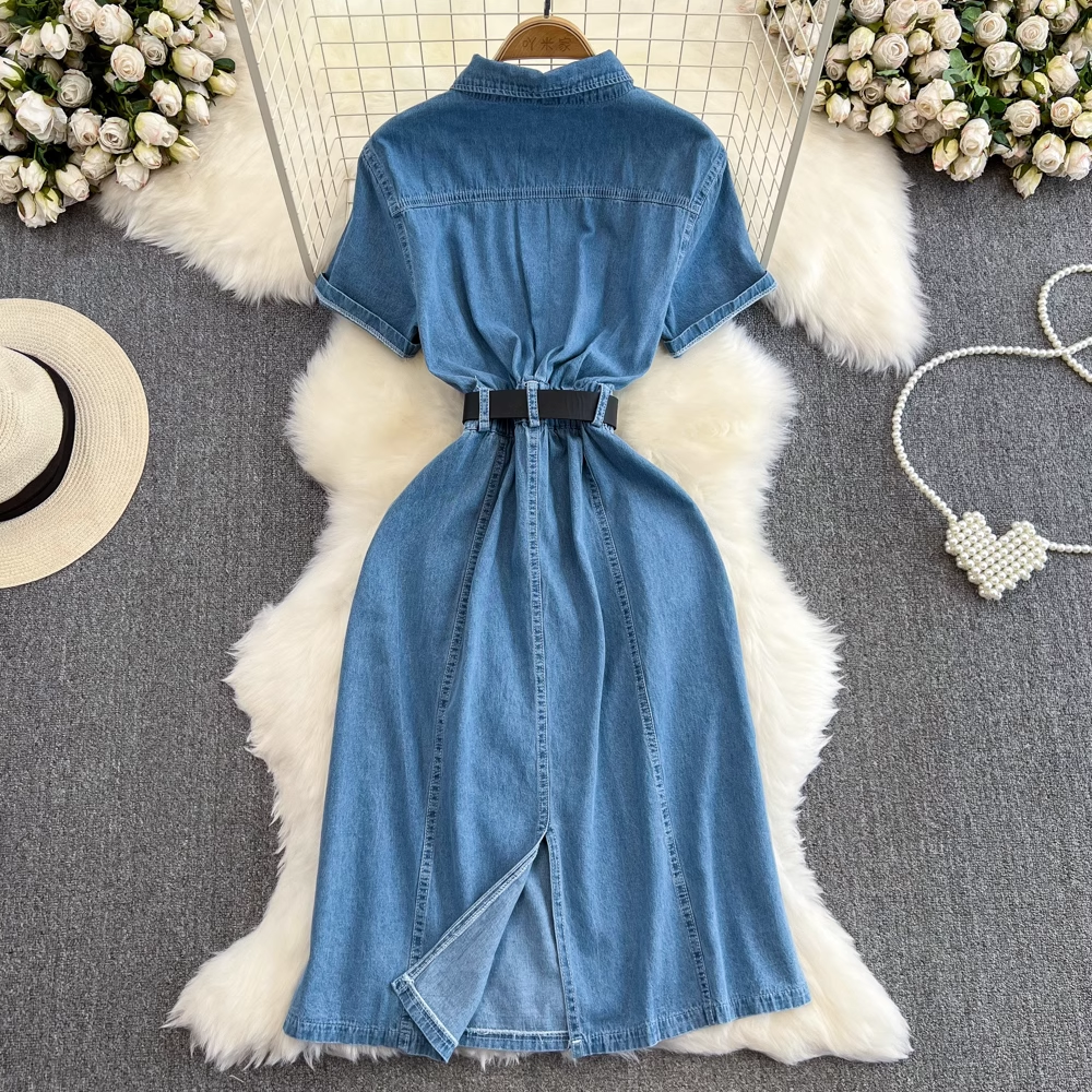 Short-sleeve lapel mid-length a-line denim dress