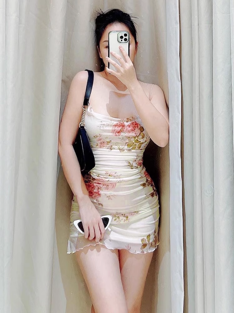 Summer floral mesh suspender dress