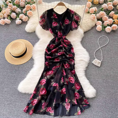 Chiffon print elegant ruffled mermaid dress