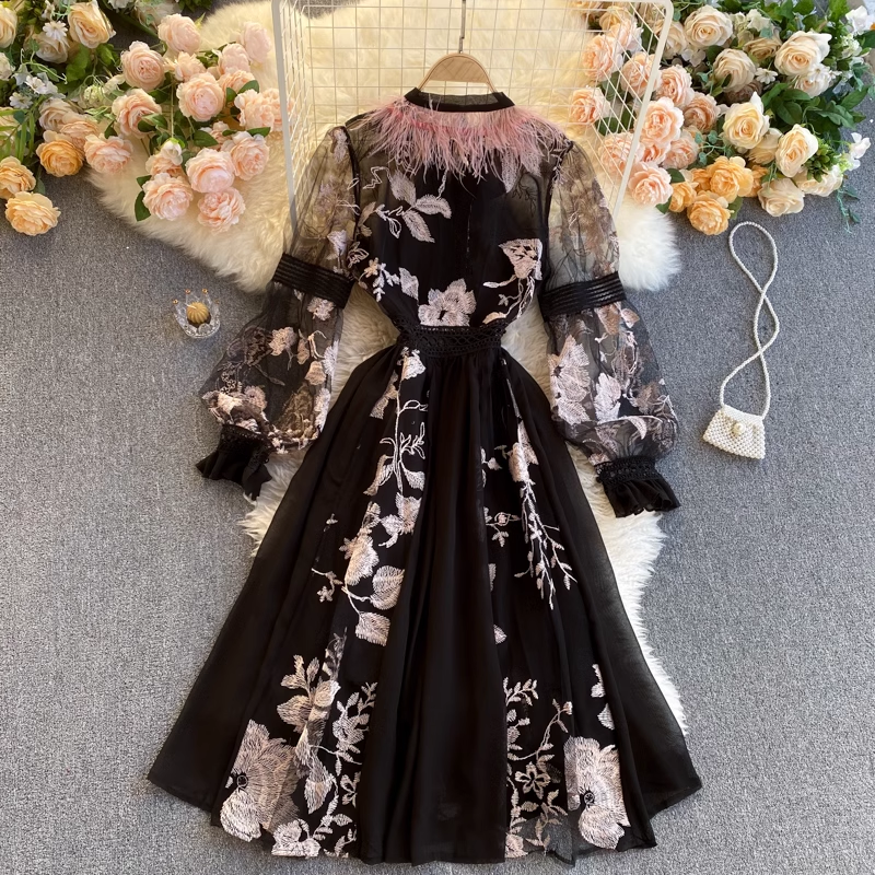 Women's embroidered flower ostrich feather round neck dress