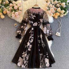 Women's embroidered flower ostrich feather round neck dress