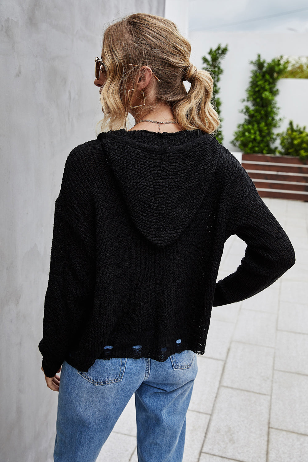 Knitted Open Front Hooded Sweater