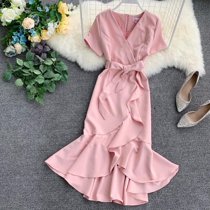 chic v neckline high low spring summer dress ,