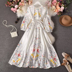 Chiffon floral long skirt puff sleeve dress