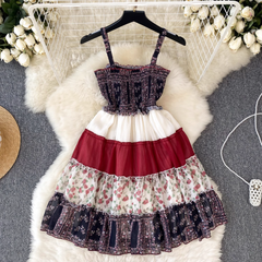 Retro Contrast Color Stitching Floral Sling Dress