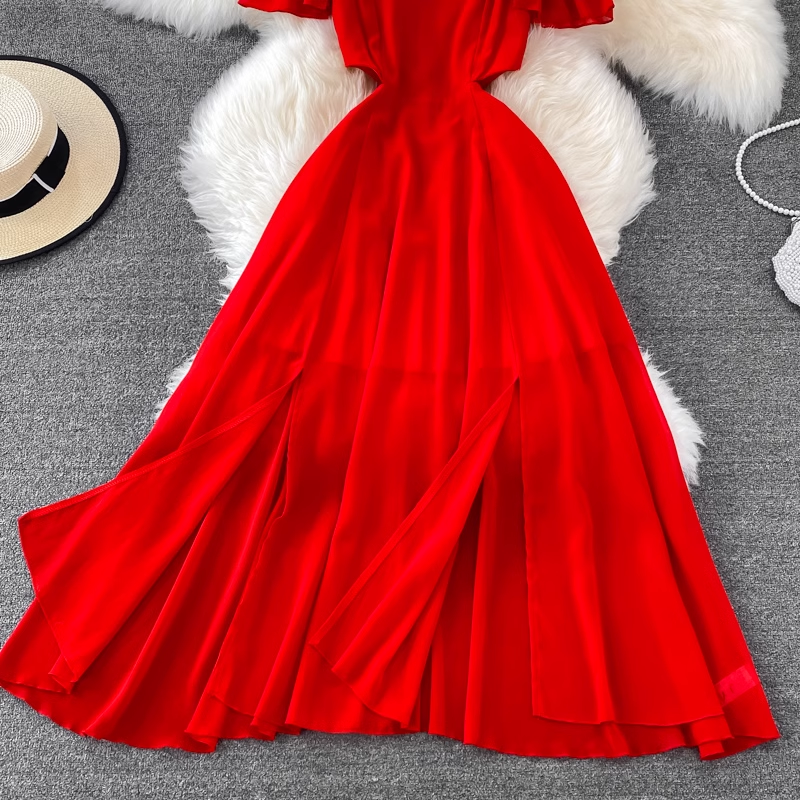 Red Chiffon Seaside Vacation Dress ,