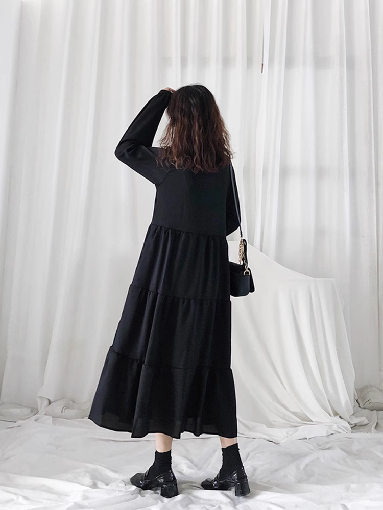 Women's autumn long chiffon long sleeve black dress