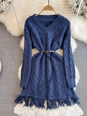 Long-sleeved V-neck waist slimming mid-length A-line fringed knitted sweater dress