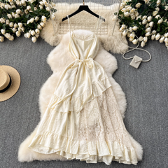 Women's summer lace splicing ruffle suspender dress